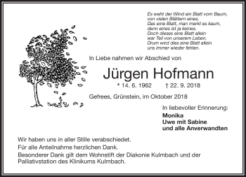 Traueranzeige von Jürgen Hofmann von Frankenpost