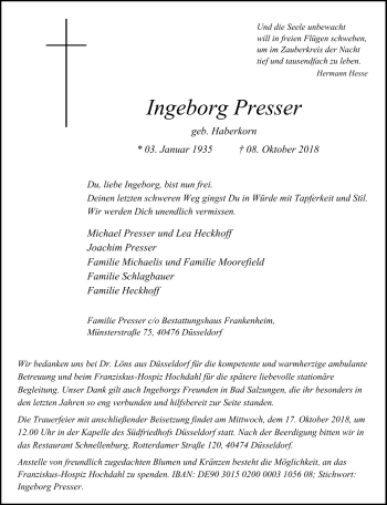 Traueranzeige von Ingeborg Presser von Südthüringer Presse