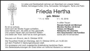 Traueranzeige von Frieda Hertha von Neue Presse Coburg
