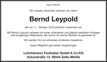 Traueranzeige von Bernd Leypold von Südthüringer Presse