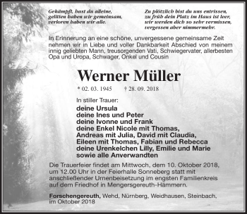 Traueranzeige von Werner Müller von Südthüringer Presse