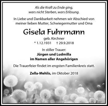 Traueranzeige von Gisela Fuhrmann von Südthüringer Presse