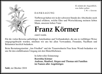 Traueranzeige von Franz Körmer von Südthüringer Presse