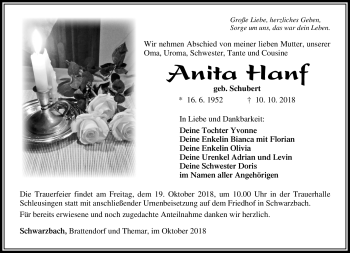 Traueranzeige von Anita Hanf von Südthüringer Presse