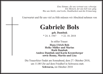 Traueranzeige von Gabriele Bols von Südthüringer Presse