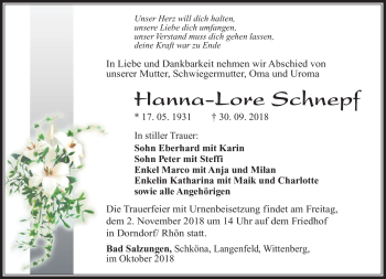 Traueranzeige von Hanna-Lore Schnepf von Südthüringer Presse