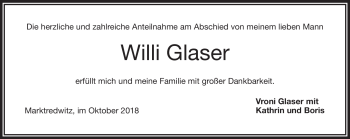 Traueranzeige von Willi Glaser von Frankenpost