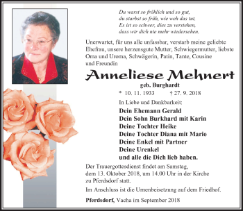 Traueranzeige von Anneliese Mehnert von Südthüringer Presse