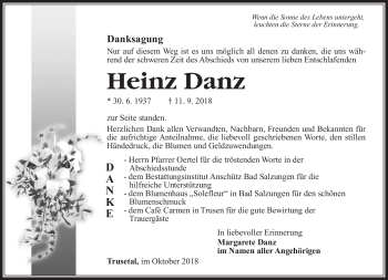 Traueranzeige von Heinz Danz von Südthüringer Presse