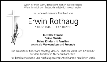 Traueranzeige von Erwin Rothaug von Neue Presse Coburg