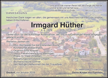Traueranzeige von Irmgard Hüther von Südthüringer Presse