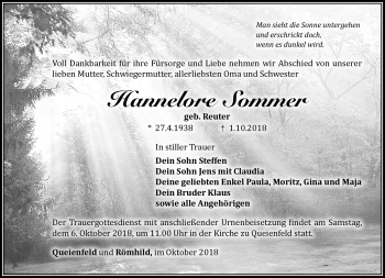 Traueranzeige von Hannelore Sommer von Südthüringer Presse