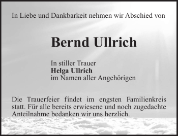 Traueranzeige von Bernd Ullrich von Südthüringer Presse