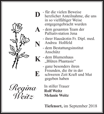 Traueranzeige von Regina Weitz von Südthüringer Presse