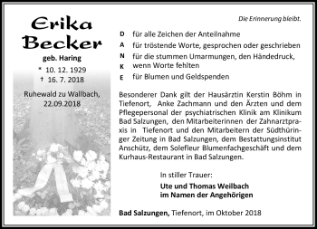 Traueranzeige von Erika Becker von Südthüringer Presse