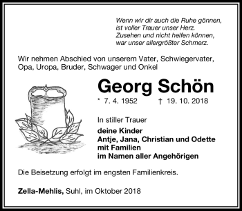 Traueranzeige von Georg Schön von Südthüringer Presse