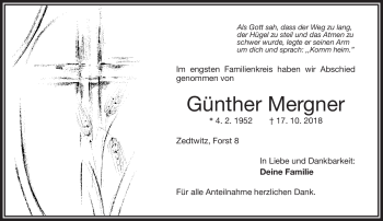 Traueranzeige von Günther Mergner von Frankenpost