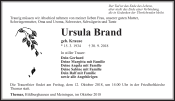 Traueranzeige von Ursula Brand von Südthüringer Presse