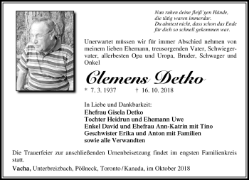 Traueranzeige von Clemens Detko von Südthüringer Presse