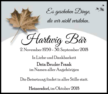 Traueranzeige von Hartwig Bär von Südthüringer Presse
