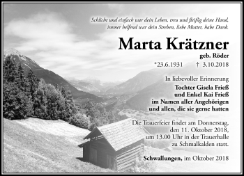 Traueranzeige von Marta Krätzner von Südthüringer Presse