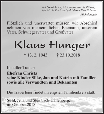 Traueranzeige von Klaus Hunger von Südthüringer Presse