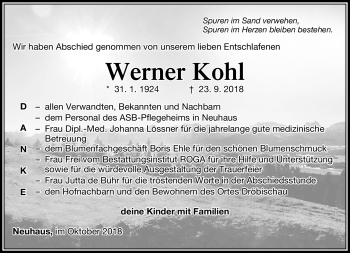Traueranzeige von Werner Kohl von Südthüringer Presse