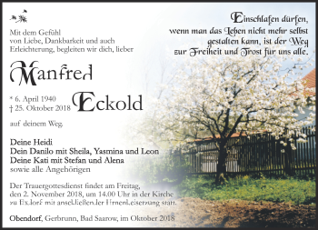 Traueranzeige von Manfred Eckold von Südthüringer Presse