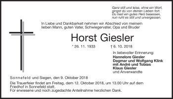 Traueranzeige von Horst Giesler von Neue Presse Coburg