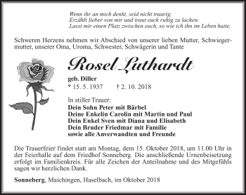 Traueranzeige von Rosel Luthardt von Südthüringer Presse