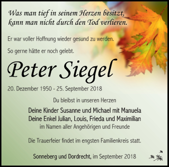 Traueranzeige von Peter Siegel von Südthüringer Presse