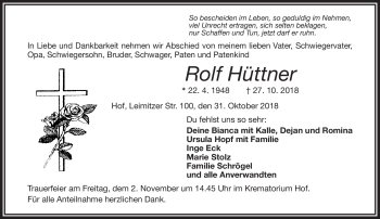 Traueranzeige von Rolf Hüttner von Frankenpost