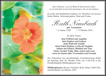 Traueranzeige von Ruth Nembach von Südthüringer Presse