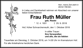 Traueranzeige von Ruth Müller von Frankenpost