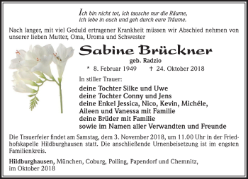 Traueranzeige von Sabine Brückner von Südthüringer Presse