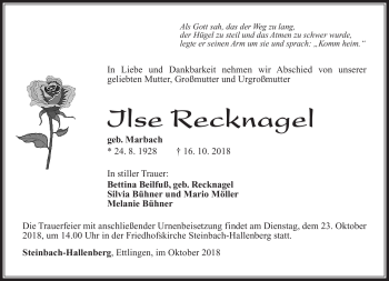 Traueranzeige von Ilse Recknagel von Südthüringer Presse