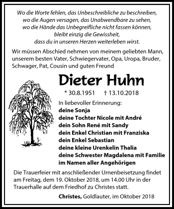Traueranzeige von Dieter Huhn von Südthüringer Presse