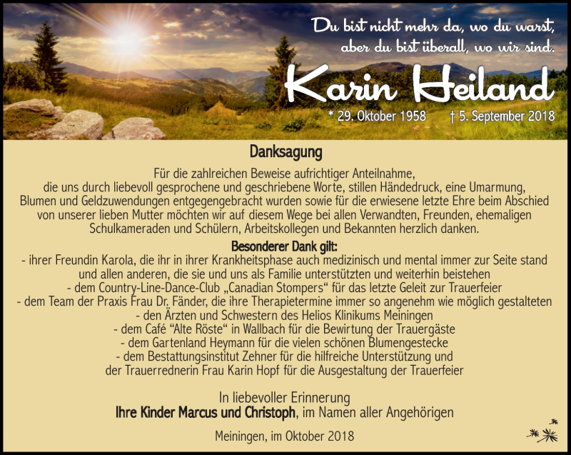  Traueranzeige für Karin Heiland vom 20.10.2018 aus Südthüringer Presse