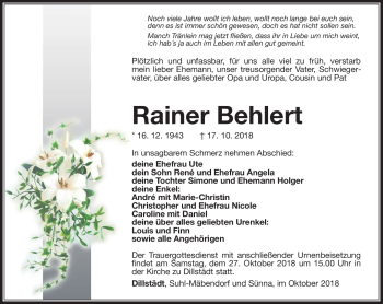Traueranzeige von Rainer Behlert von Südthüringer Presse