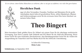 Traueranzeige von Theo Bingert von Südthüringer Presse