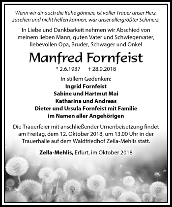 Traueranzeige von Manfred Fornfeist von Südthüringer Presse