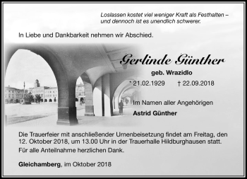 Traueranzeige von Gerlinde Günther von Südthüringer Presse