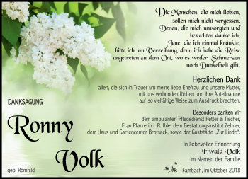 Traueranzeige von Ronny Volk von Südthüringer Presse