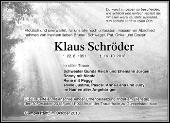 Traueranzeige von Klaus Schröder von Südthüringer Presse