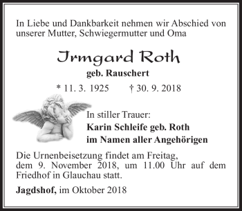 Traueranzeige von Irmgard Roth von Südthüringer Presse