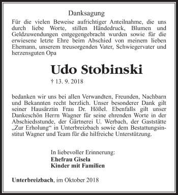 Traueranzeige von Udo Stobinski von Südthüringer Presse