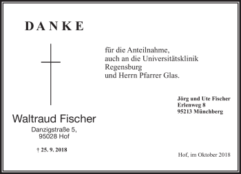 Traueranzeige von Waltraud Fischer von Frankenpost