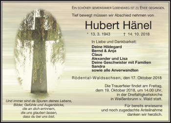 Traueranzeige von Hubert Hänel von Neue Presse Coburg