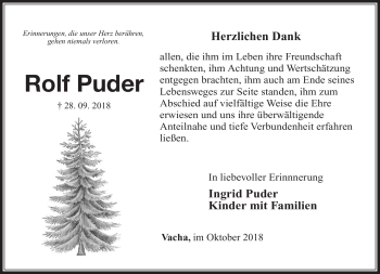 Traueranzeige von Rolf Puder von Südthüringer Presse