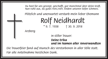 Traueranzeige von Rolf Neidhardt von Frankenpost